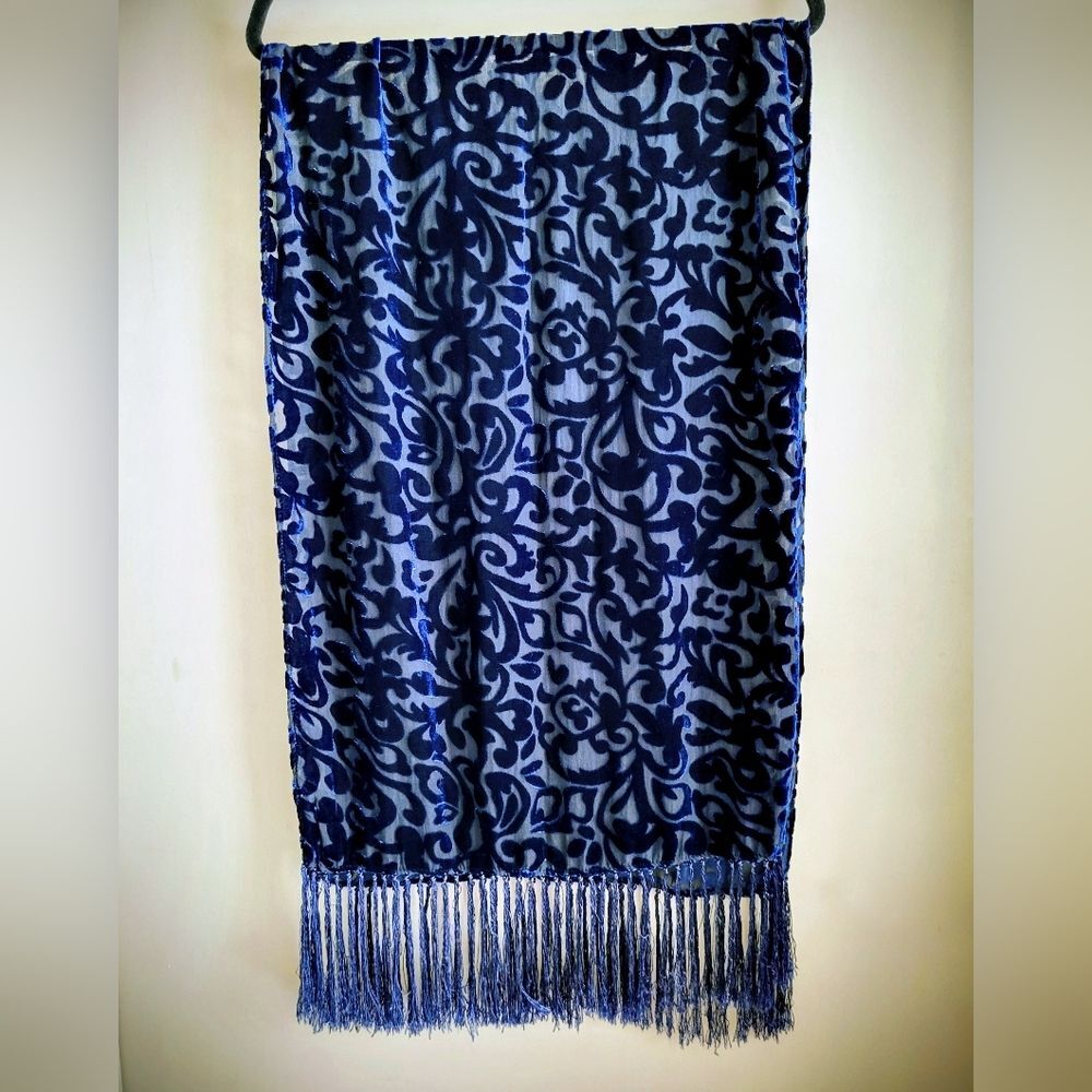 Vintage Silk Velvet Burnout Scarf with Fringe – Witchy Midnight Blue